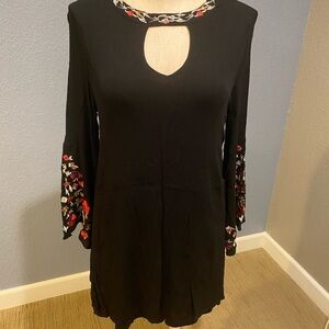 JODIFL Black A-line Dress with Keyhole Neckline and Bell Sleeves